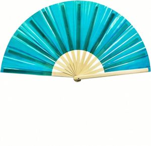 High Quality Satin Foldable Hand Fan Large Rave Under UV Light Holographic Reflective Angel Carving Traditional Style - Product Image 1