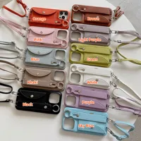 Casing Kulit dengan Tali Lanyard Selempang dan Tempat Kartu untuk iPhone 13 12 Mini 16 15 14 11 Pro XS Max X XR 7 8 Plus