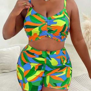 Two Colors Print Plus Size Swimwear Women 3Pieces Swimsuit Boyleg Short Bikini and <strong>Kimono</strong> Set Cover Ups L-4XL - Product Image 5