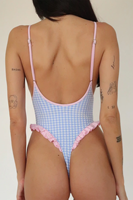 Maillot de bain une pièce pour femme, design personnalisé, en tissus recyclés, avec nœud, coupe haute, style vintage, à carreaux gingham, à volants contrastants et bordure en dentelle