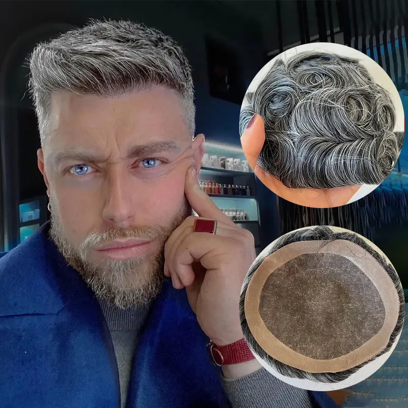 Wig rambut palsu pria, sistem rambut palsu abu-abu remy India 8 inci kualitas terbaik 6x8 8x10 tahan lama untuk pria 1B40