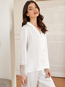 Wholesale Pj Sets Lace Long Sleeve Woman Solid Luxury <strong>Pyjama</strong> 2 Pcs Women Satin Silk Pajamas Women - Product Image 3