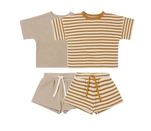 Ivy83539A Conjunto de Ropa de Verano 2022 Estilo Nórdico para Bebés, Niñas y Niños, Cuello Redondo, Manga Corta, Diseño Waffle, Traje a Rayas para Niños Pequeños - Product Image 2