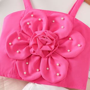 Ensemble <span class=keywords><strong>de</strong></span> vêtements d'été 2026 pour fillette : Haut court rose à grandes fleurs et <span class=keywords><strong>perles</strong></span> + Jupe blanche – Tenue adorable - Product Image 4