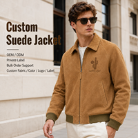 Veste en daim pour homme avec logo personnalisé, couleur unie, broderie, fermeture éclair, bordure contrastée, style bomber décontracté