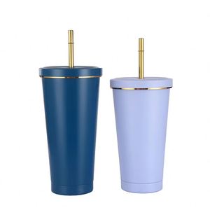 Vaso Térmico de Acero Inoxidable de Doble Pared con Borde Dorado, 500ml/750ml, para Regalos Empresariales, con Tapa y Popote - Product Image 1