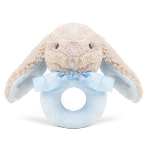 Hochet en peluche pour bébé, lapin <span class=keywords><strong>beige</strong></span> doux avec anneau bleu, poignée douce et anneau de préhension avec nœud bleu - Product Image 1