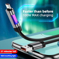 Câble de charge rapide 100W Max, tressé en nylon, gaine en PVC, USB-A vers Type-C, avec lumière RGB respirante pour téléphone portable et ordinateur, 0,3m