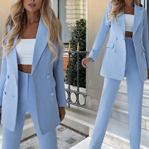 Costume pour femmes grande taille <span class=keywords><strong>bleu</strong></span> <span class=keywords><strong>ciel</strong></span> à double boutonnage, tenue de bureau, robe, ensemble deux pièces, <span class=keywords><strong>pantalon</strong></span> pour femmes - Product Image 1
