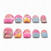 Faux ongles carrés à pression motif papillon fleur rose, couvrance totale, manucure pré-dessinée prête à poser pour salon