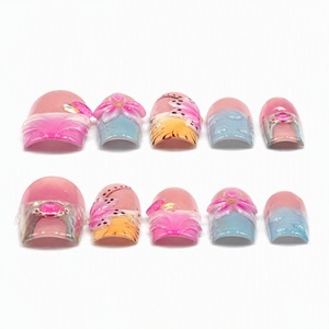 Faux ongles carrés à pression motif papillon fleur rose, couvrance totale, manucure pré-dessinée prête à poser pour salon - Product Image 5