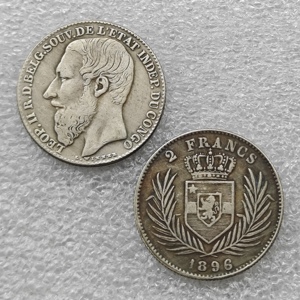 Pièces de monnaie commémoratives de style antique de l'État du Congo de 1887, 1891, 1894, 1896, 2 FRANCS, cadeaux, décoration de la maison - Product Image 1