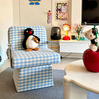Fauteuil pivotant à 360 degrés avec structure en métal chromé et coussin en tissu à carreaux pour la maison, le bureau, le salon, la chambre à coucher, le bureau d'étude