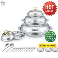 Ensemble de bols de service en acier inoxydable martelé avec poignée dorée, empilables, 3 tailles, avec couverts pour dîner à la maison