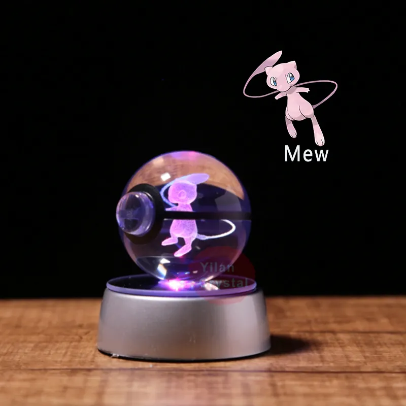 Children Birthday Gifts Crystal Pokeball 3D Design Crystal Poke Ball Characters With Led Base Night Lamp