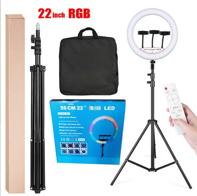 Yiscaxia Paket Dropshipping Lampu Gantung Profesional, Lampu Cincin LED Profesional Swafoto 22 Inci RGB dengan Dudukan Tripod 210Cm