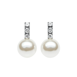 Boucles d'oreilles pendantes en or blanc E3778 avec perle d'imitation et diamants ronds taille brillant pour femme, style classique de mariage - Product Image 1