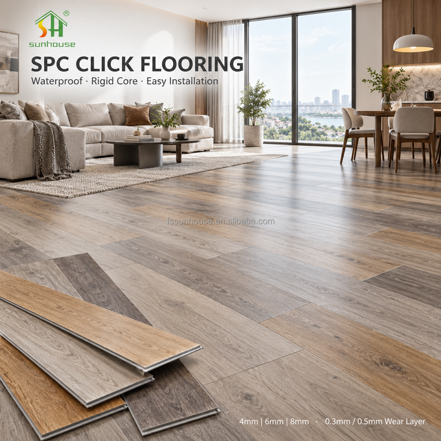 SPC Click Flooring Rigid Core Vinyl Plank Waterproof Wood Grain Floor 4mm 6mm 8mm Click System for Apartment Interior Renovation