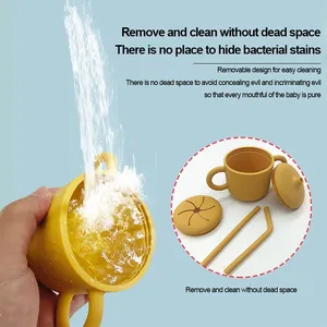 Gobelet en silicone de qualité alimentaire sans BPA avec deux poignées et plateau, pour bébé, avec paille et couvercle - Product Image 4