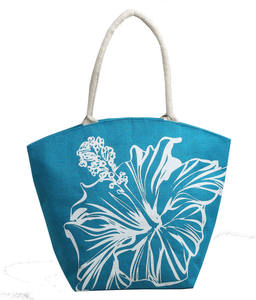 Sac fourre-tout en jute pour femmes, vente en gros, imprimé hibiscus, sac de plage avec poignée rembourrée tressée, produit de haute qualité, prix abordable - Product Image 1