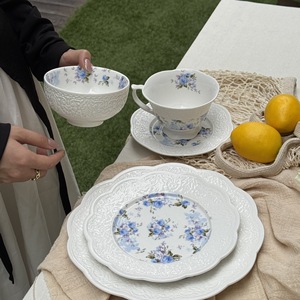 French retro petal-edge relief ceramic pure white tableware, dessert, breakfast, salad plates, coffee <b>cups</b> <b>and</b> <b>saucers</b> - Product Image 4