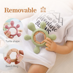 Anneau de <span class=keywords><strong>dentition</strong></span> sensoriel en silicone sans BPA pour bébé, forme tortue, avec anneau en bois de hêtre naturel, jouet sensoriel de qualité alimentaire pour nourrissons - Product Image 5