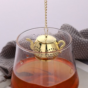 Teiera a forma di infusore per tè 304 in acciaio inox palla da tè <span class=keywords><strong>con</strong></span> catena in oro argento gancio e vassoio di gocciolamento per ufficio filtro da cucina - Product Image 6