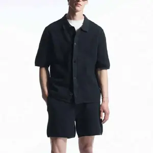 100% Organic Cotton Machine Wash Men Summer Cardigan Sweaters With Button Knit Shorts And Open Short-Sleeve Shirt