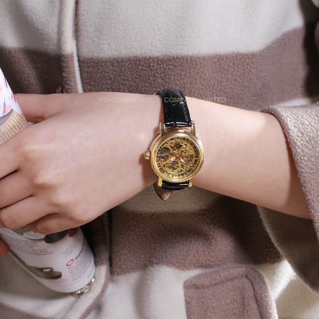 Wholesale WINNER WRL8005 Brands Gold Woman Watch Steel Skeleton Mechanical Manual Movement Genuine Leather Elegant Ladies Watch