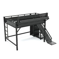 Lit mezzanine Queen Size en métal avec toboggan, étagères de rangement, armoire, éclairage LED USB, panneau perforé, noir, moderne, gain de place, robuste, pour entrepôt et école