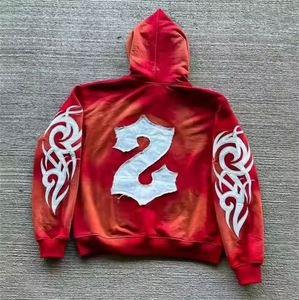 Sweat à capuche délavé à l'acide et pantalon évasé pour hommes de haute qualité Streetwear délavé au soleil avec col à capuche brodé en fausse patché - Product Image 2