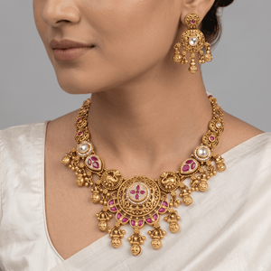 Traditional Gold Plated Antique Temple Jewelry Necklace Set with Pink Kundan Stones and Matching Earrings for Women - Product Image 5