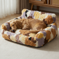 Lit pour animaux de compagnie en peluche pour chiens et chats, canapé-lit en polaire patchwork avec rebords hauts, canapé confortable pour animaux de compagnie M-L chaud