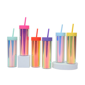 Stock 16oz Skinny Tumbler Cups with Lids and Straws Reusable Double Wall Plastic Mugs Cold Hot Drinks Water Bottles