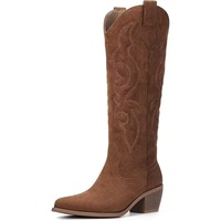 Bottes Western pour femmes, hauteur genou, avec broderie papillon, talon épais, couleur marron, pour l'automne/hiver