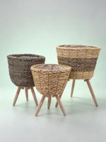 Panier à plantes autoportant en jute tressé, forme conique avec support trépied en bois, pot de fleurs d'intérieur
