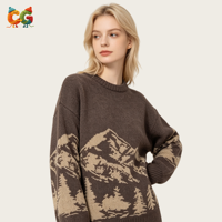 Pull en maille personnalisé avec logo CG pour femme, motif forêt d'hiver, col rond, jacquard pin, épaules tombantes, coupe ample – Fournisseur