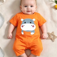 Romper Kasual Ramah Lingkungan Summer Infant 2026 Motif Hippo 100% Katun Lengan Pendek Oranye Unisex Kancing Tekan di Selangkangan