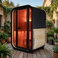 Sauna Kubus Kecil Tahan Air dari Kayu Spruce Karbonisasi Modern untuk 2 Orang, Sauna Uap Tradisional Luar Ruangan dengan Pemanas 6KW dan Lampu LED Internal