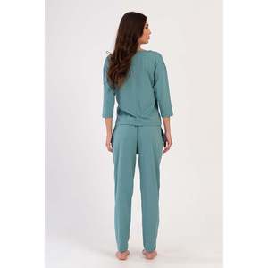 Ensemble de pyjama plissé à col rond et épaules tombantes 3/4 manches avec poches pour femme - Pétrole - Product Image 4