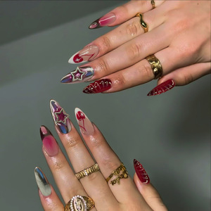 Vente en gros à bas prix, Ongles artificiels semi-faits à la main, style Ins, avec perles françaises, motif rayé 3D transparent effet glace, mélange de lilas violet et de jacinthe - Product Image 6
