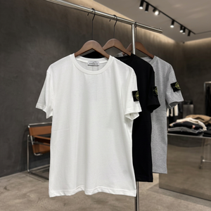 T-shirt en coton pour homme, coupe classique, col rond, manches courtes, couleur unie, style décontracté, logo sur la manche gauche - Product Image 5