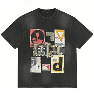 <span class=keywords><strong>T</strong></span>-shirt oversize tendance à manches courtes en patchwork gris foncé vintage de style américain, imprimé lettres, col rond ample - Product Image 3