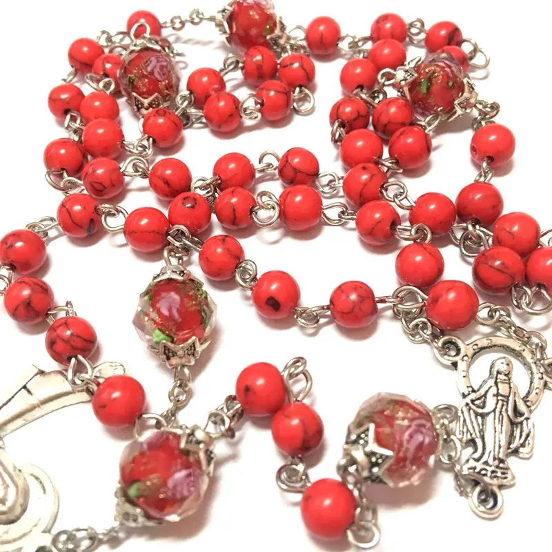 6ミリメートルRed Turquoise Prayer Beads rosarios手作りのネックレスヴィンテージハートクロス