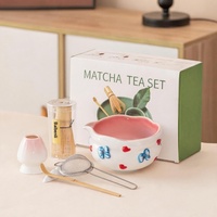 Ensemble d'outils à matcha en céramique de haute qualité pour l'exportation, bol à bords festonnés, bec verseur, design nœud papillon en forme de cœur, matcha frais et naturel