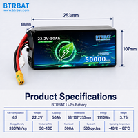 Baterai Drone Semi-solid State Profesional BTR 22.2V 50000mAh 5-10C Densitas Energi Tinggi Waktu Terbang Lama 500 Siklus MSDS UN38.3