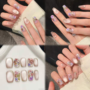 <span class=keywords><strong>Uñas</strong></span> postizas de ataúd medianas estilo francés rosa con <span class=keywords><strong>flores</strong></span> <span class=keywords><strong>secas</strong></span> y ojo de gato, de presión, para dedos. - Product Image 3