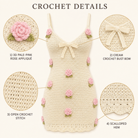 Robe mini en tricot crocheté pour femme avec appliques florales 3D, col rond, bretelles spaghetti, nœud décoratif et découpes, idéale pour la plage