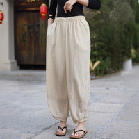 Celana Yoga Wanita Campuran Katun-Linen Model Longgar Potongan Boot Cut Pinggang Sedang Pakaian Santai Pilates Musim Panas Celana Bloomers Serbaguna Celana Artistik