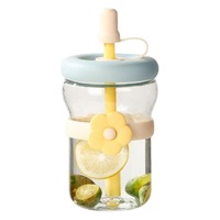 Mug de voyage en verre transparent de 500 ml, motif fleur de dessin animé mignon, écologique, tasse à café personnalisée avec couvercle et paille